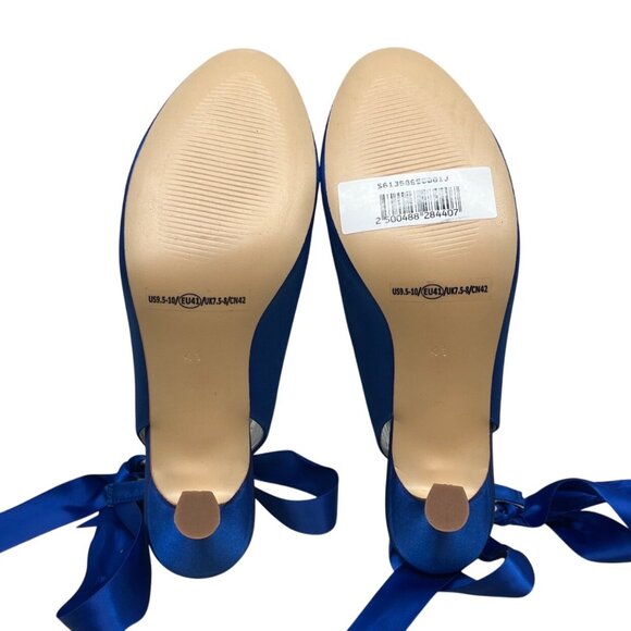Women’s Blue Satin Ribbon-Tie Ballerina Heels With Silver Insole Heel Sz 9.5 - Picture 6 of 6
